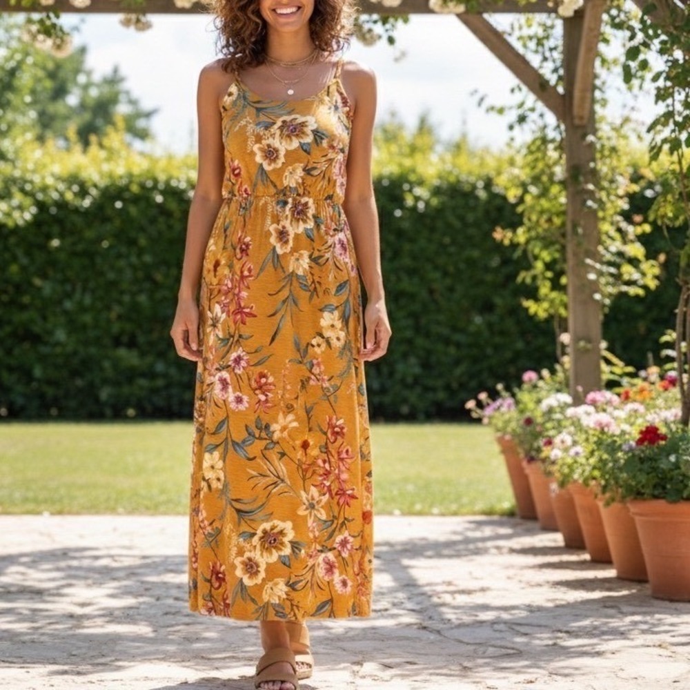 Naif Mustard Yellow Floral Print Maxi Dress Spaghetti Straps Smocked Waist‎